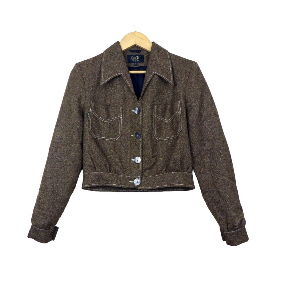 House of Foxy Americana 1940s Tweed Wool Jacket Women 12 Brown Cropped Retro